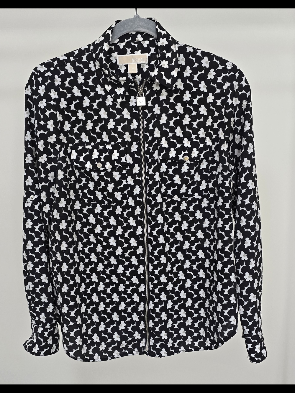 Michael Kors Black & White Floral-Pattern Zip Jacket